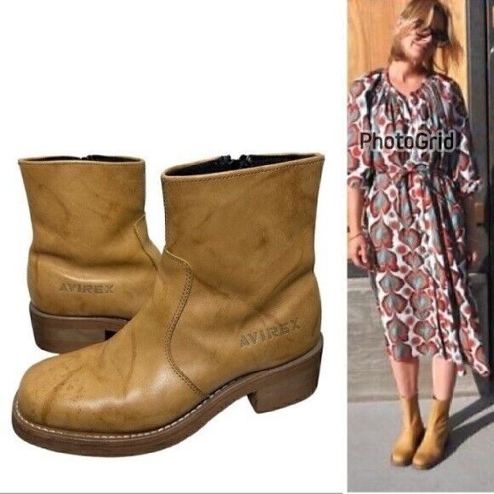 Vintage Avirex 70s Tan Square Toes Leather Chunky Ankle Boots Size 8.5